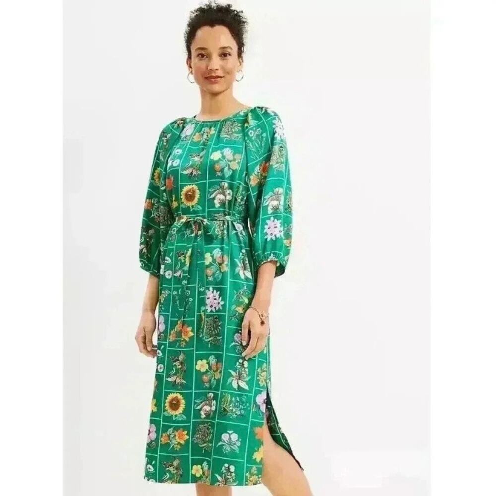 LOFT Green Floral Bird Butterfly Garden Puff Sleeve Shift Midi Dress Sz.M NWT